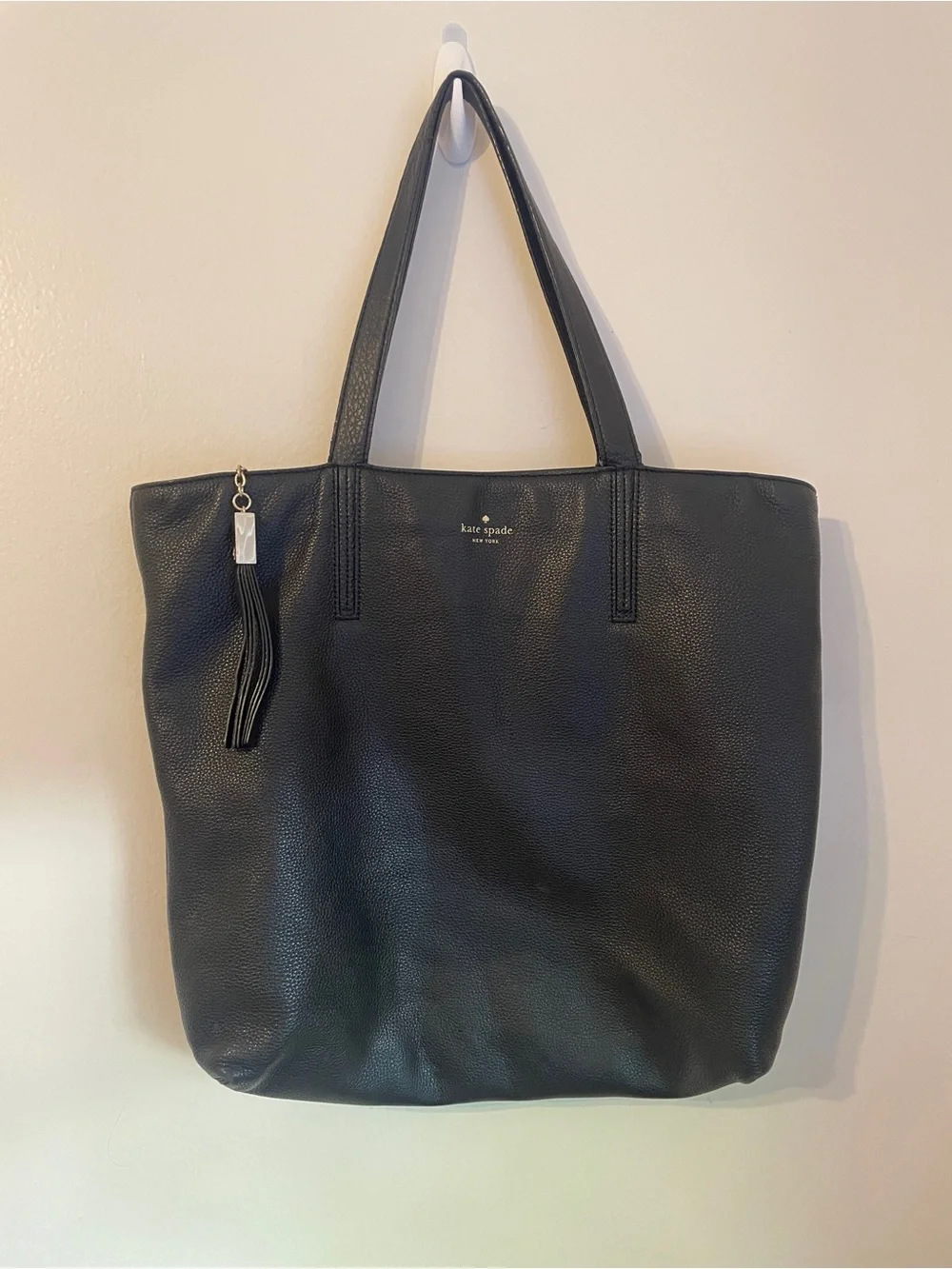Kate Spade X Large Pebbled Black Leather Tote Bag with Tassel